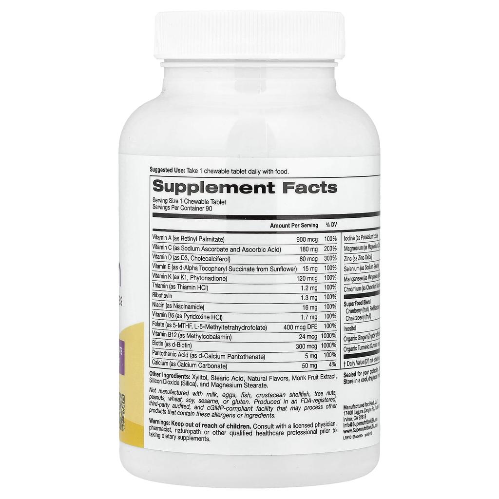 Super Nutrition SimplyOne®, Women's 50+ Multivitamin + Health Boosting Herbs, Mixed Berry Flavor, 90 Chewable Tablets