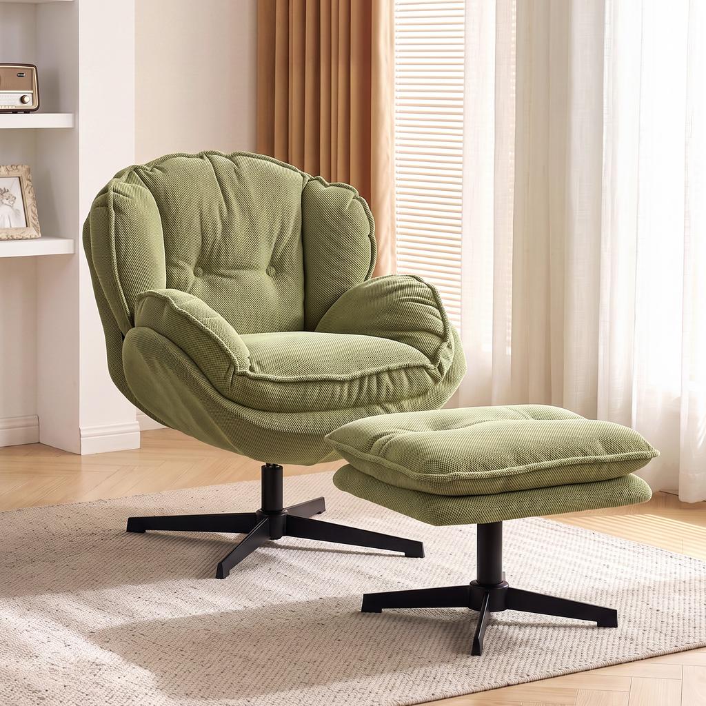 Armchair W/ Adjustable Footstool, 360-Degree Swivel Chenille, Green
