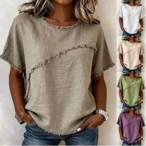 Women Loose Fit Short Sleeve Round Neck T-shirt with Distressed Raw Edge Seam Multi Colors