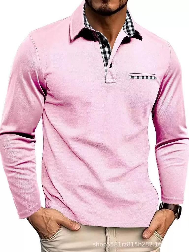 2026 New European and American Men's Casual Fashion Long-sleeved POLO Shirt, Foreign Trade Lapel Long-sleeved Color Matching T-shirt