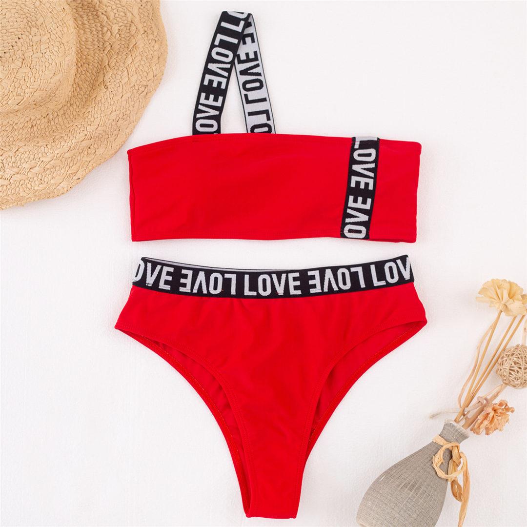 

Женский купальник с буквенным принтом, бикини с высокой талией, женский купальник из двух частей, комплект бикини на одно плечо, купальный костюм L красный