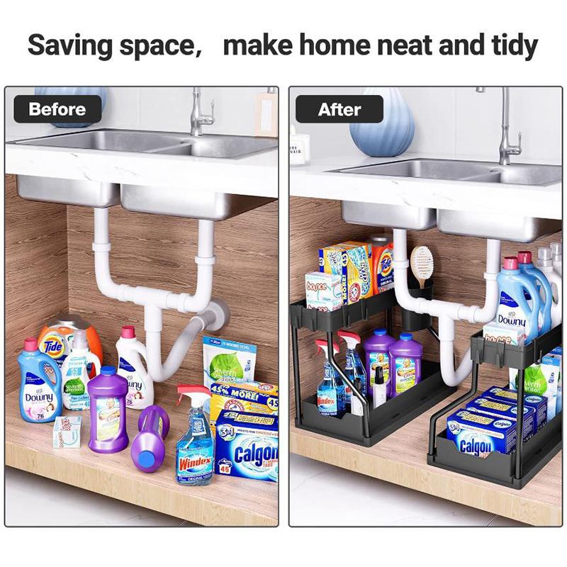 Under Sink Organizers 2 Tier Under Bathroom Cabinet Holder With Hooks & Hanging Cup, Multi-Purpose Storage Shelf For Kitchen