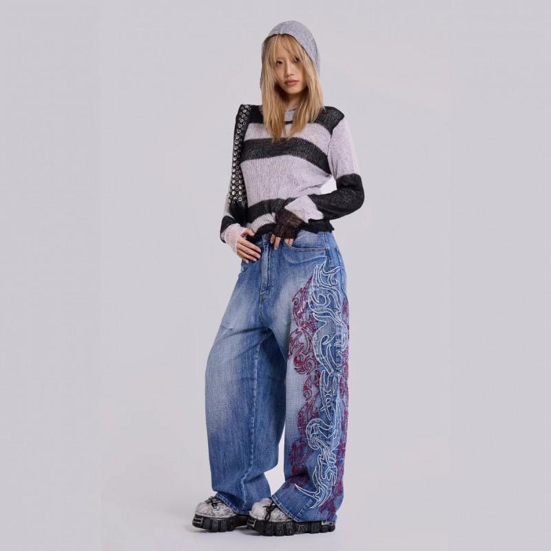Y2K Embroidered Denim Jeans Women - Wide Leg Straight Cut Mid-Rise Light Wash Slightly Stretchy Streetwear Chic