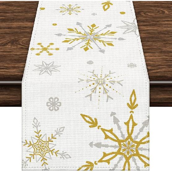 Labeol Snowflake Table Runner, 72x13 Inch White and Gold Christmas Table Runner for Christmas Party Kitchen Dinner Decor (Gold)