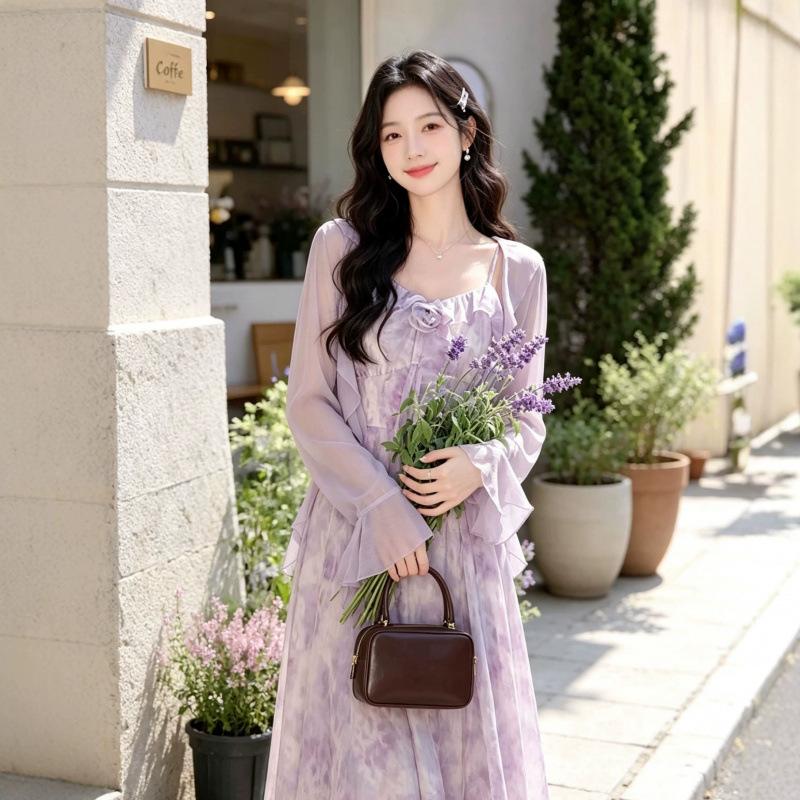Suspender dress women's summer temperament purple suspender skirt with sunscreen cardigan two pieces