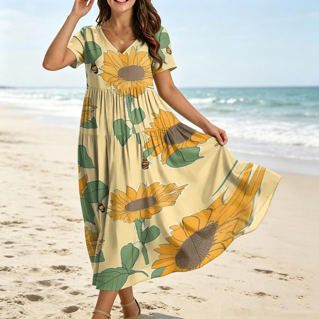 Robe longue décontractée à manches courtes et col en V pour femme avec imprimé tournesol Coupe ample Style Boho d'été pour un usage quotidien