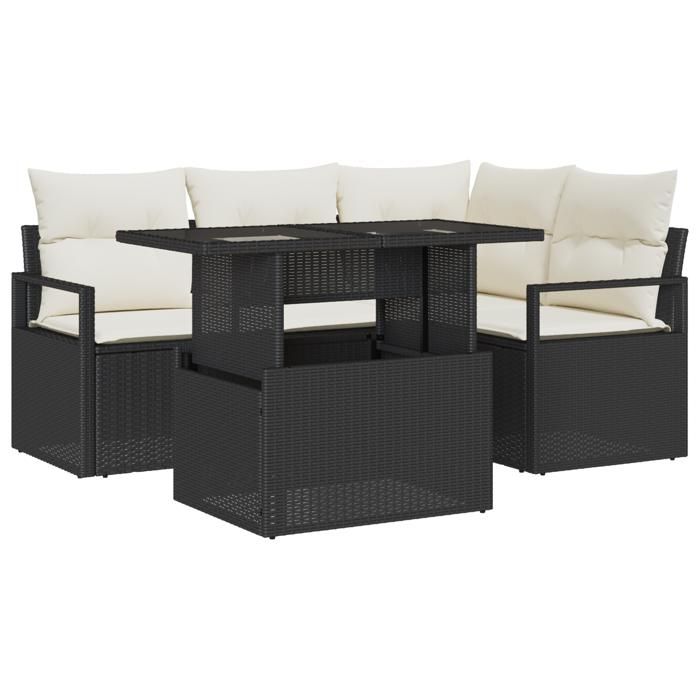 Ensemble de 5 Pièces de Canapé de Jardin avec Coussins en Rattan Poly Noir, Canapé de Jardin 2 Places avec Rangement 3357550