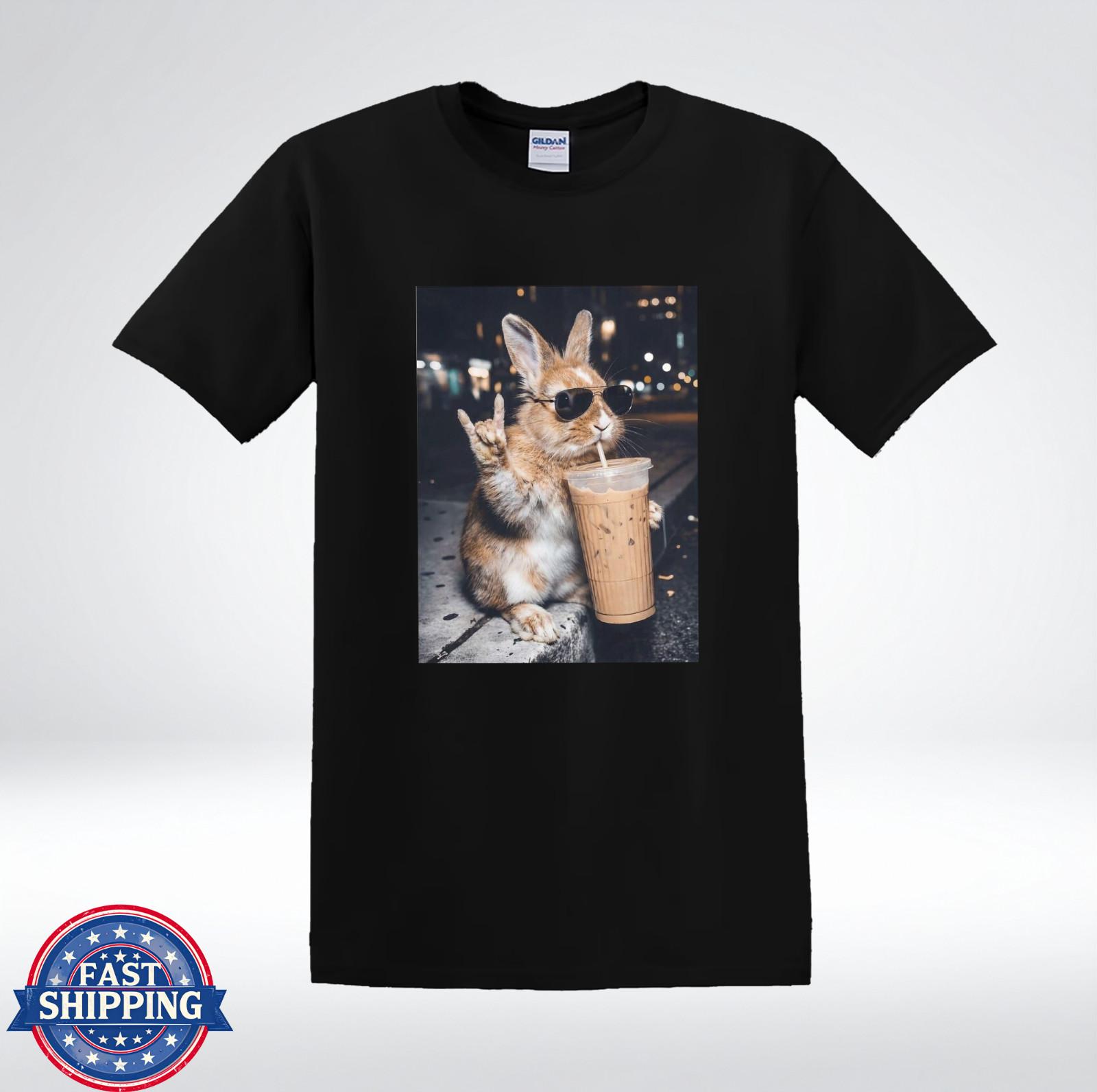 Cool Bunny With Sunglasses Drinking Iced Coffee Funny Animal T-Shirt XXXL
