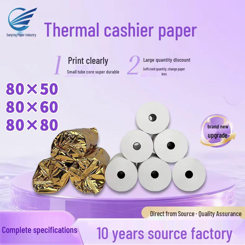 Thermal Receipt Paper: 57x30 for banks, supermarkets, and kitchens; 80x60 for restaurants. Suitable for thermal printers.