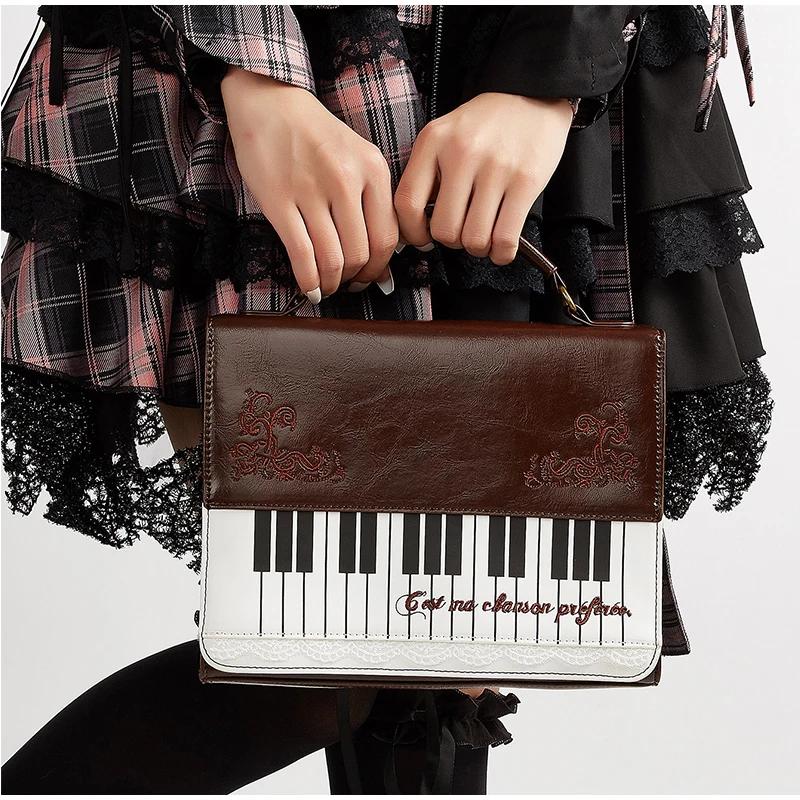 Girls Polka Dot Piano Key Handbag Black And White Retro Shoulder Bag Fashion Y2k Large Capacity Briefcase Lace Bow Cute Ita Bag