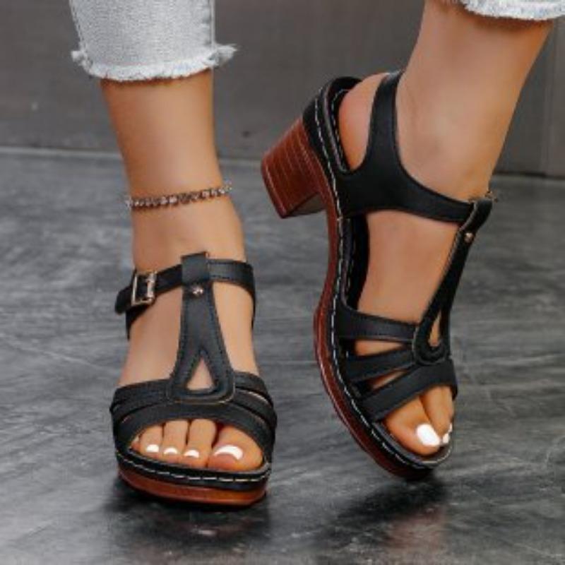 Large Size Sandals Women's Summer New Solid Color Fish Mouth Thick Heel One-word Buckle High Heel Sandals