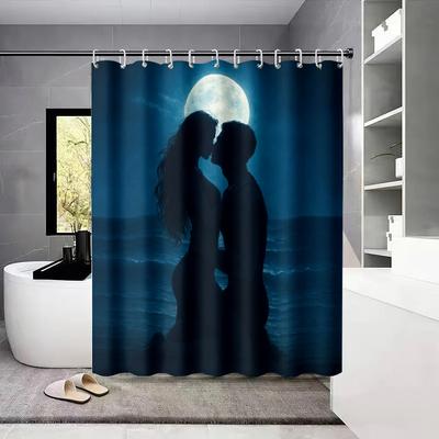 1pc Night Beach Couple Printed Waterproof Shower Curtain Partition Privacy Hanging Curtain with 12 Hooks Multiple Sizes