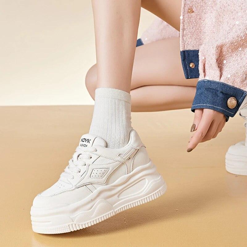 Fujin 8,5 cm Ku ekte skinn Vulcanize Comfy Boots Plattform Flats Høst Damer Vår Pils Mules Chunky Sneaker Damesko