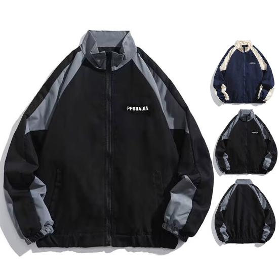 Hip Hop Jacket Patchwork Windbreaker Coats for Women Men Casual Zipper Stand-up Collar Block Outerwear for Spring Autumn Outdoor Sports Party