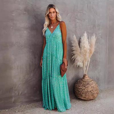 Fitshinling V-Ausschnitt Boho Sommer Langes Kleid Urlaub Strand Pareo Spaghetti Strap Sexy Maxikleider Damen Kleidung Bohemian Vestidos