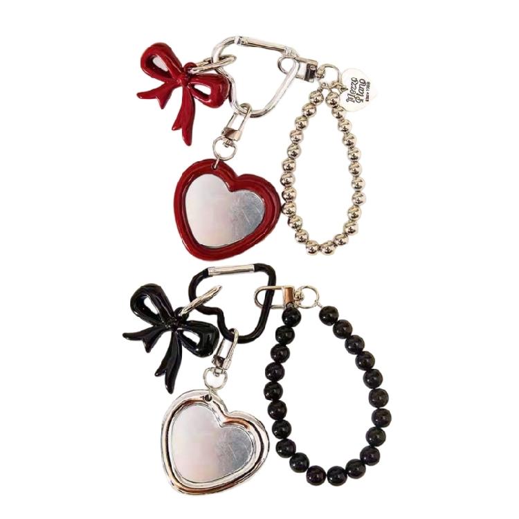 Portachiavi Specchio a Forma di Cuore Pratico Design con Ciondolo Fiocco Portachiavi Accessorio in Lega per Borse Strumento di Bellezza