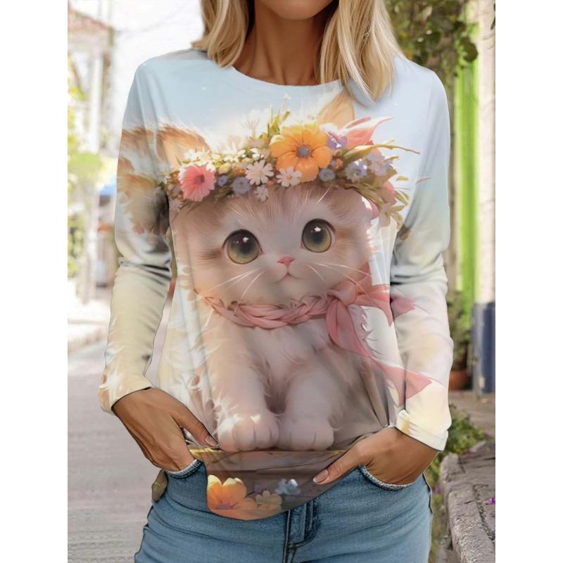 Christmas Cute Cat Women's Long Sleeves T-Shirt Round Neck Long Sleeved Autumn Animal Clothing Holiday Fashion Party T-Shirt Top