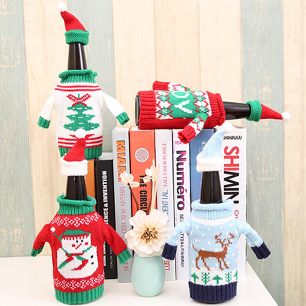 4ks Vánoční obal na láhev Ručně pletený Kreslený Dekorativní Svetr na láhev na víno pro Párty Domov