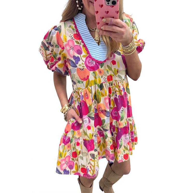 Summer 2026 High-Waisted Floral Print Dress with Striped Trim Medium