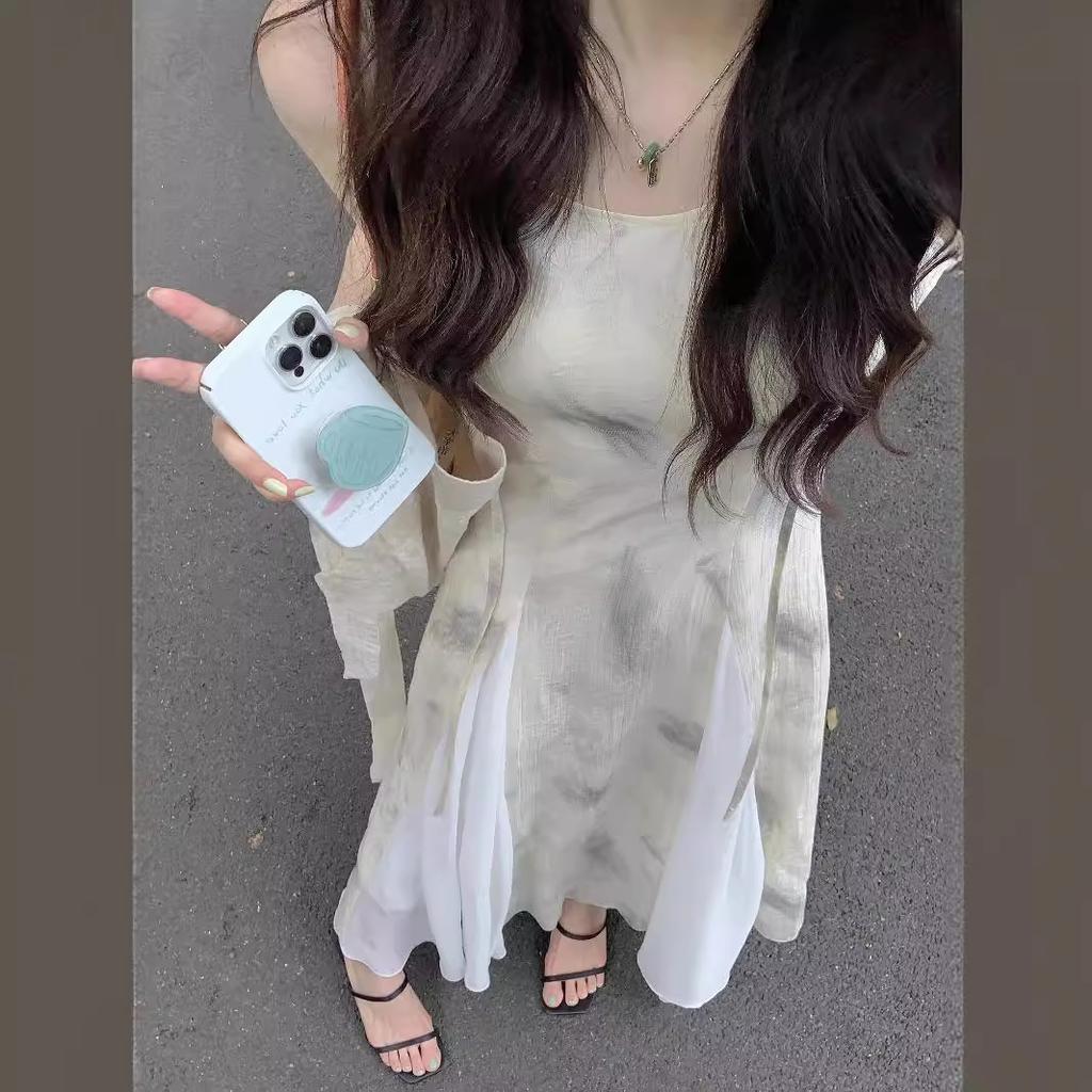 Vintage Ink Wash Print Slip Dress for Women, Summer Sophisticated and Elegant Waist-cinching Wide Hem Dress, A-line Long Dress