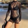 Sexy Lace See Through Bodysuit Long Sleeve Fishnet Jumpsuits Elastic Night Club Women Erotic Lingerie Open Crotch Costumes