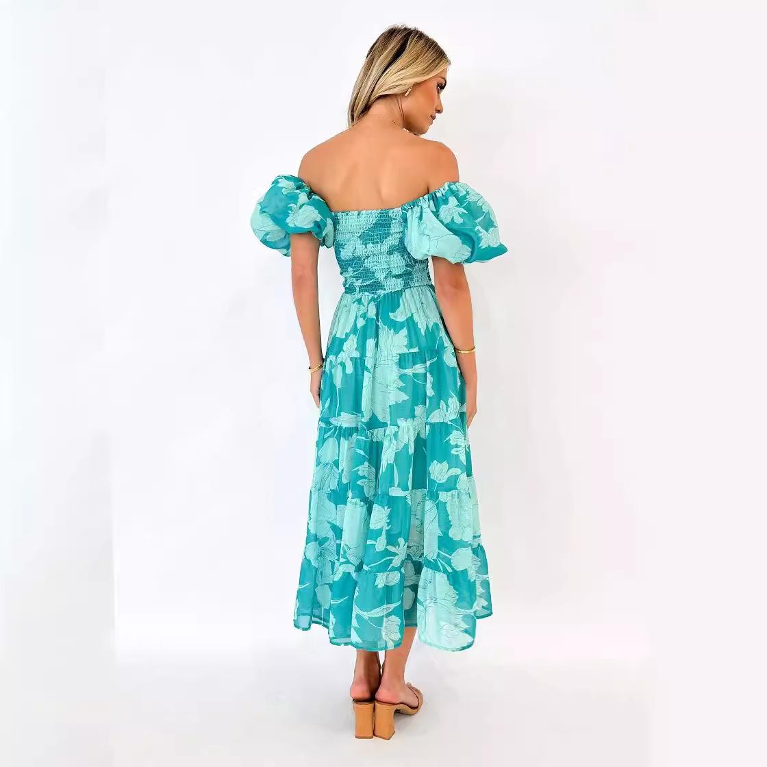 Summer European and American women s clothing one-neck chiffon bubble sleeve layered printed dress S зелёный