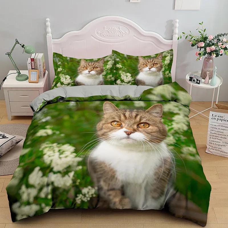 Cat Flowers King Queen Duvet Cover 3D Pet Kitty Floral Bedding Set Teens Adult Yellow Chrysanthemum 2/3pcs Polyester Quilt Cover