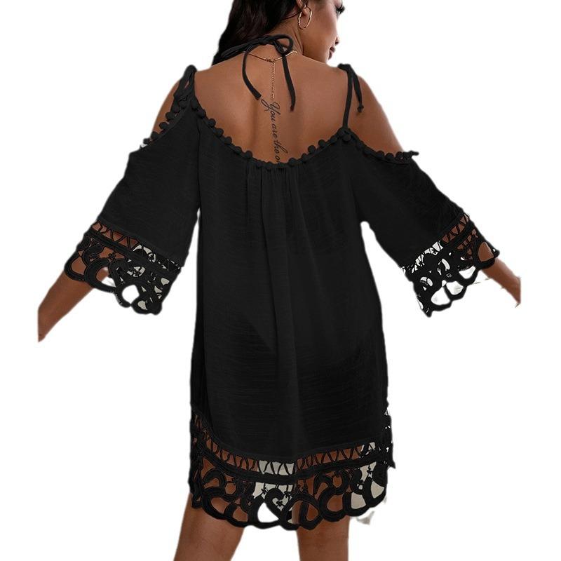 Hollow Lace One Shoulder Strap Sexy Solid Color Loose Casual Vacation Beach Sunscreen Swimsuit Cover Up