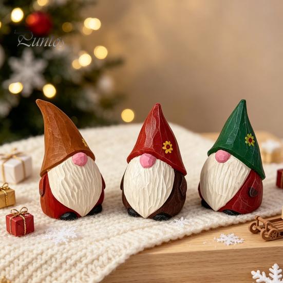 Wood Gnome Sculpture Carved Figurine, Farmhouse Rustic Faceless Dwarf Statue, Handmade Ornament Mini for Christmas Party Decoration Shelf Decor