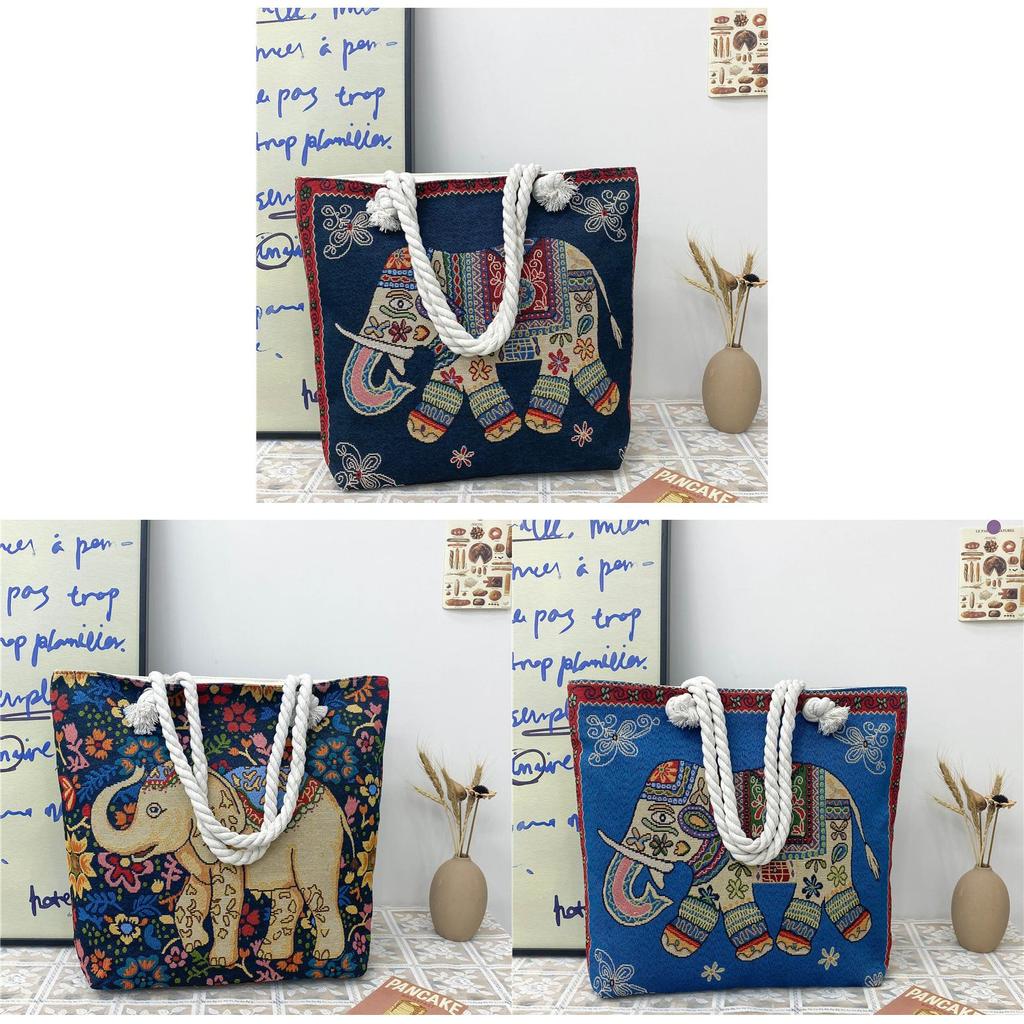 Ethnic Style Elephant Embroidered Canvas Shoulder Bag With Cotton Rope Strap For Casual Travel