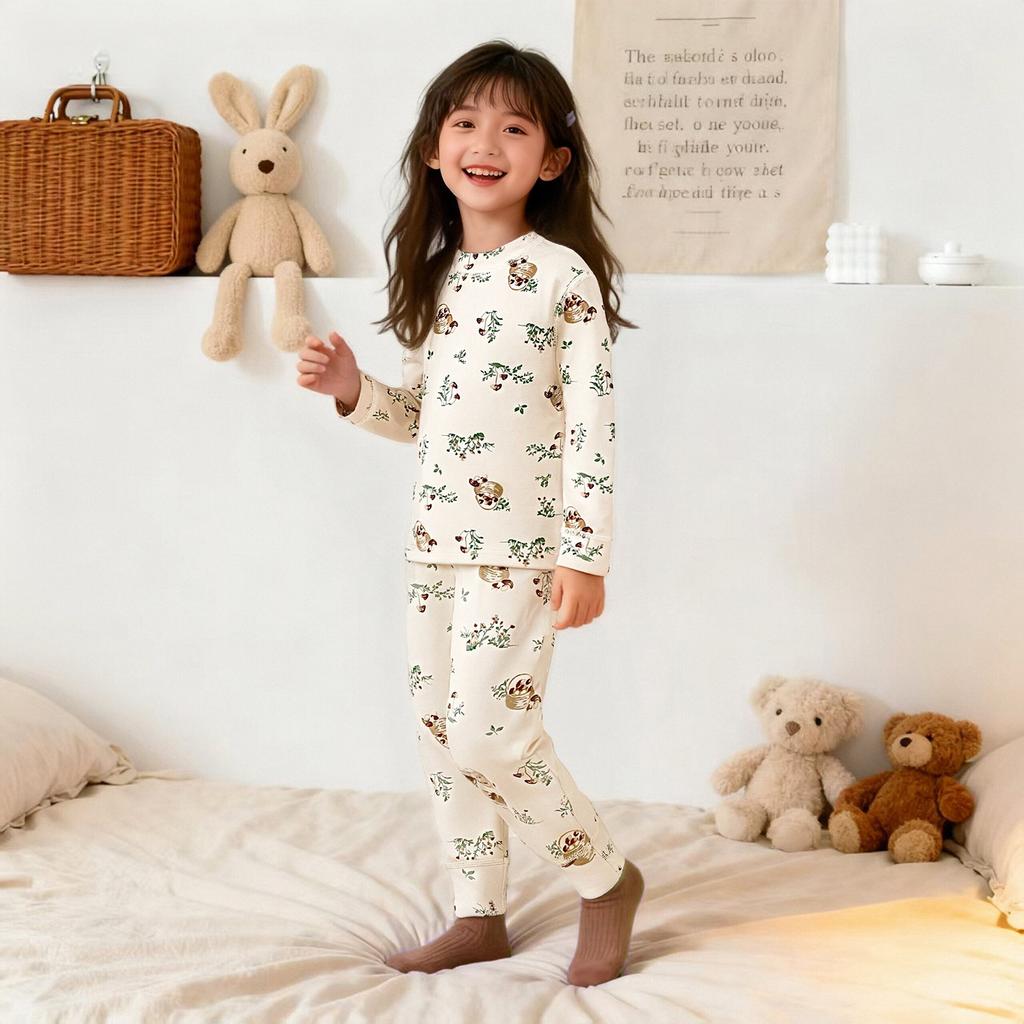 Kids Printed Pajamas Set, Elastic Cotton Boneless Fleece Long Johns, Comfort Autumn Winter Underwear For Boys Girls
