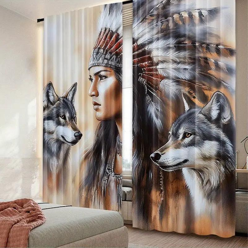 Tribal Chief Printed Curtains Pole Bag Polyester Material Design Bedroom Home Decoration Curtain Set Of 2 Made Washable Master Ready
