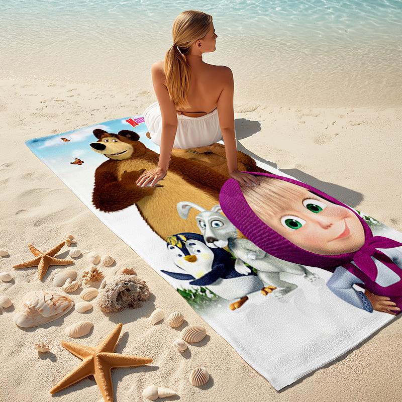 Fairy tale cute cartoon Masha and the Bear beach towel, outdoor camping beach towel for vacation swimming, outdoor pool, absorbent bath towel, H3