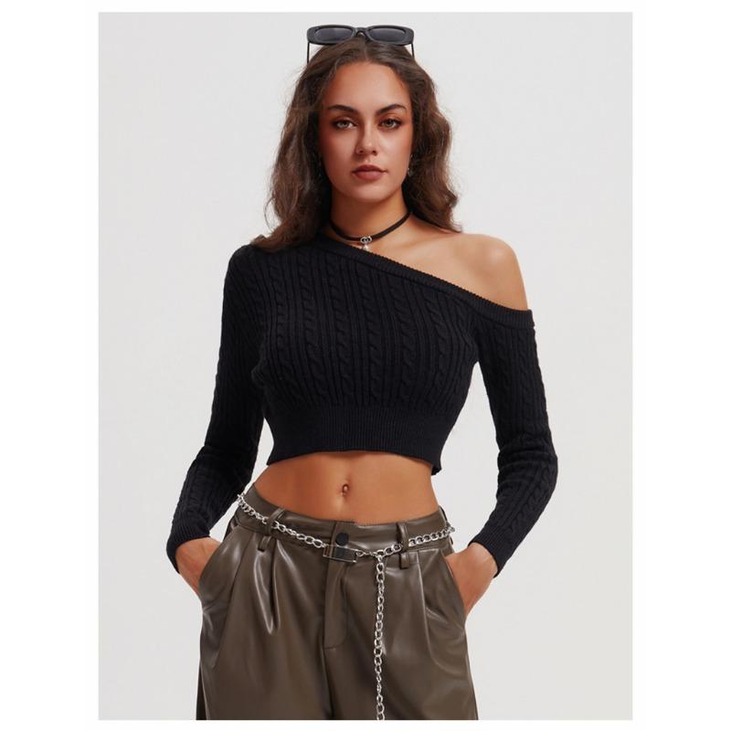 Women's Autumn and Winter Twist Wool Knit Straight Off-the-shoulder Long Sleeve Short Pullover Sweater Top