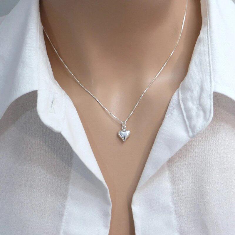 Silver Plated 3D Heart Pendant Necklace & Hoop Earring Jewelry Set, Minimalist Box Chain Set for Women