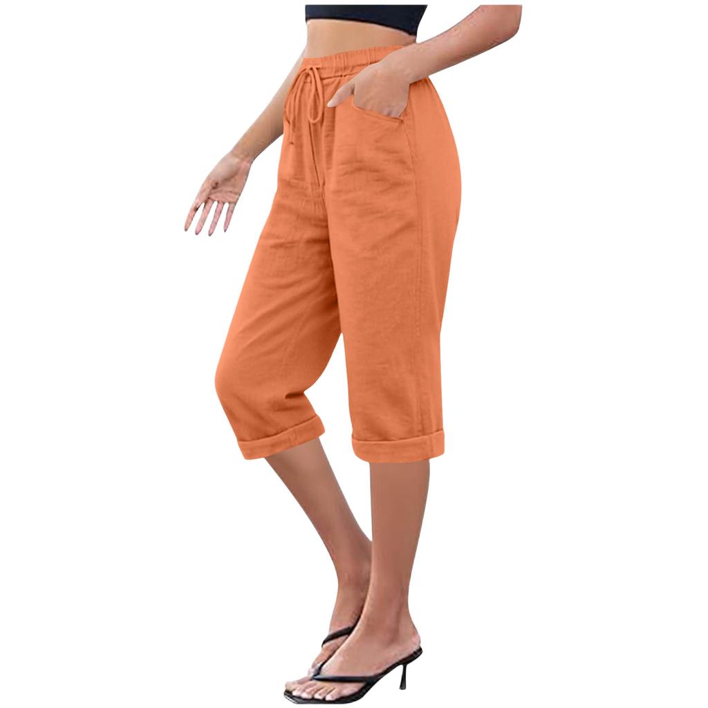 Women's Cotton And Linen Pocket Elastic Casual Pants Five Quarter Pants