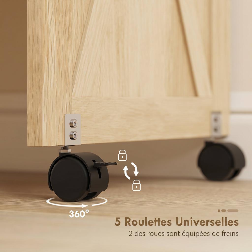 Folding Sewing Table, Rolling Cabinet, Magnetic Barn Door, 2 Bins, Shelf, 18 Pegs, Natural