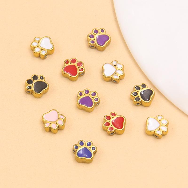 6 Colors Double-Sided Dog Paw Charms: 7x7mm Gold Enamel Stainless Steel Beads for DIY Jewelry