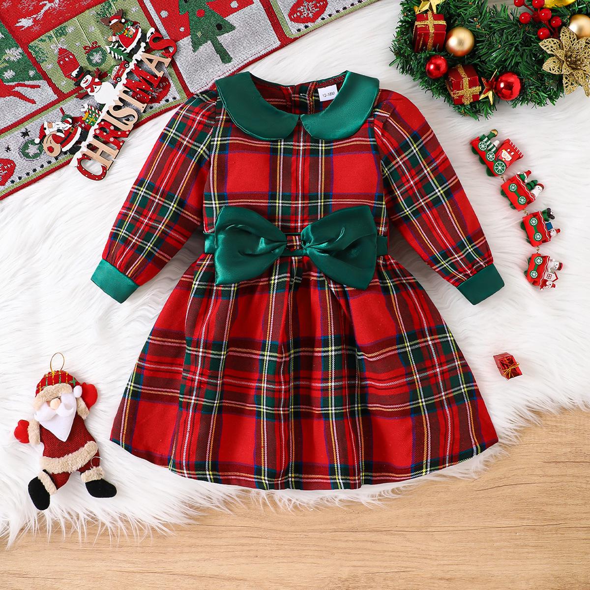 

Платье в клетку на Рождество 2025 с воротником Питер Пэн, длинным рукавом и бантом для детей 2-3 Years зелёный
