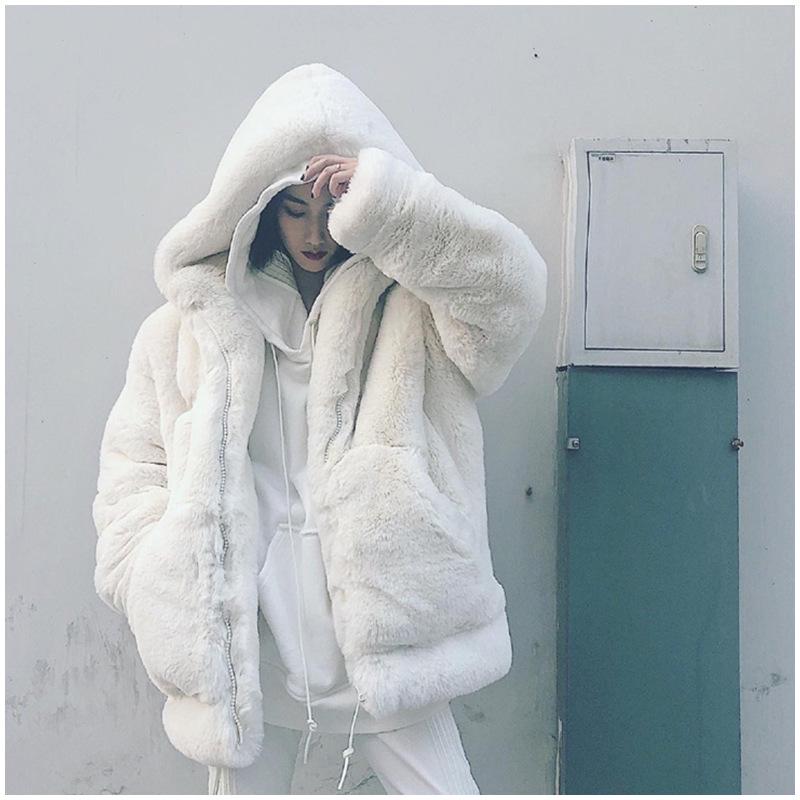 Women's Winter 2024 Hooded Coat - Loose Medium-Length, Thick Imitation Rex Rabbit Fur