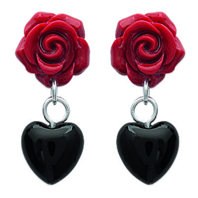 [L0646] - Silver Earrings 'Rose Red' Red Black Silver - 20x10 Mm