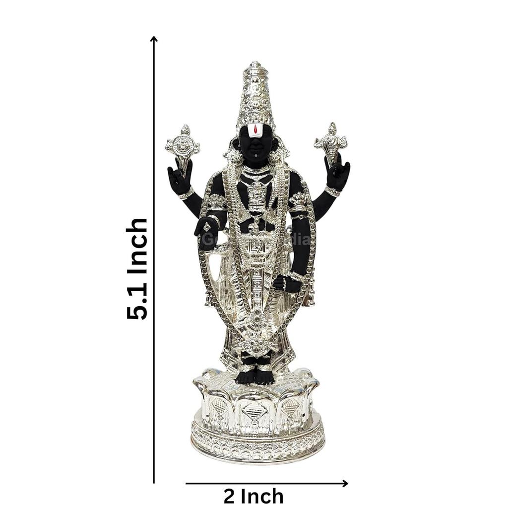 Lord Tirupati Balaji Silver Plated Black Idol with Golden Jewelry Work | Balaji Idol for Car Dashboard | Venkateswara Swamy Murti for Home |