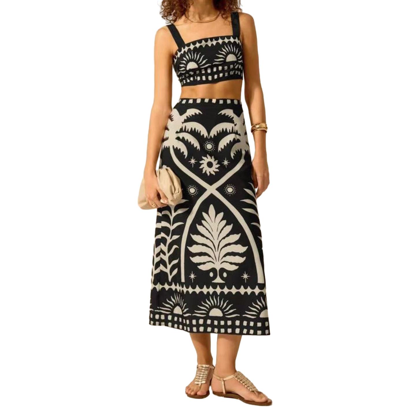 D9542 Amazon European and American Best-Selling Women s Fashion Sexy Printed Spaghetti Strap Long Skirt S