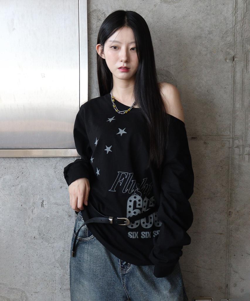 DEFYCLUBROBBERS Flight 666 Boat Neck One Shoulder Long Sleeve Black