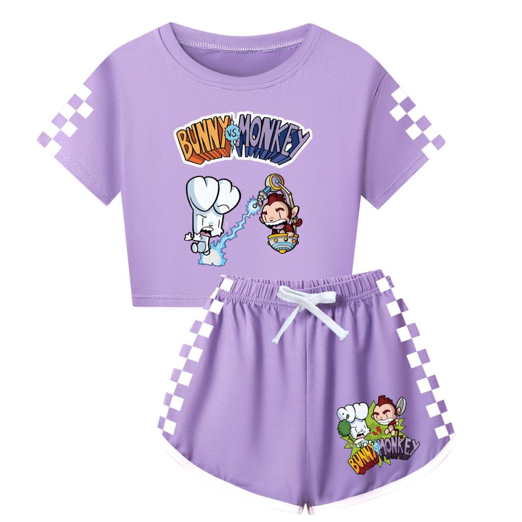4187 Children Girls Bunny Monkey Print Short Sleeves T-Shirt Shorts Pants Tracksuit Clothes Set