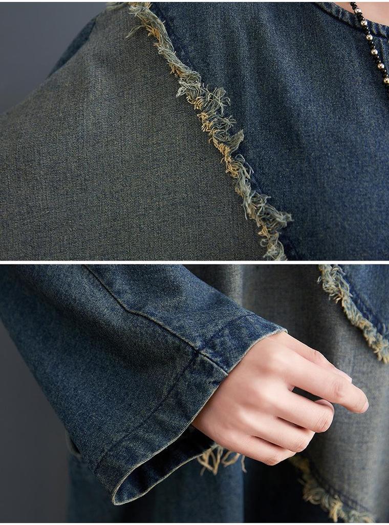 Women's Contrast Patchwork Denim Dress - Plus Size, Frayed, Loose, Mid-Length Skirt for Spring/Autumn