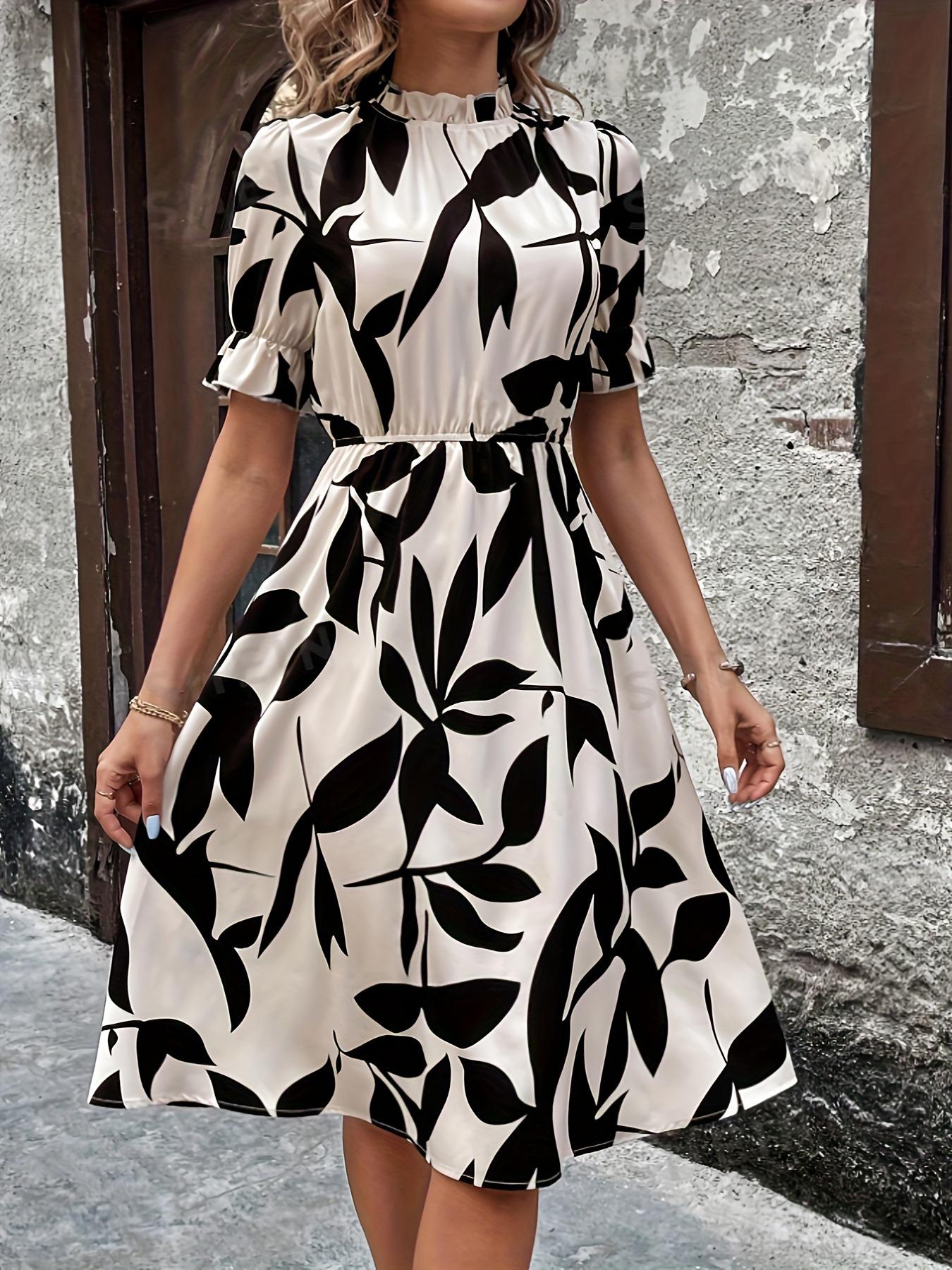 

Женское платье А-силуэта миди с коротким рукавом и высоким воротом, с цветочным принтом и поясом, повседневное элегантное S хаки