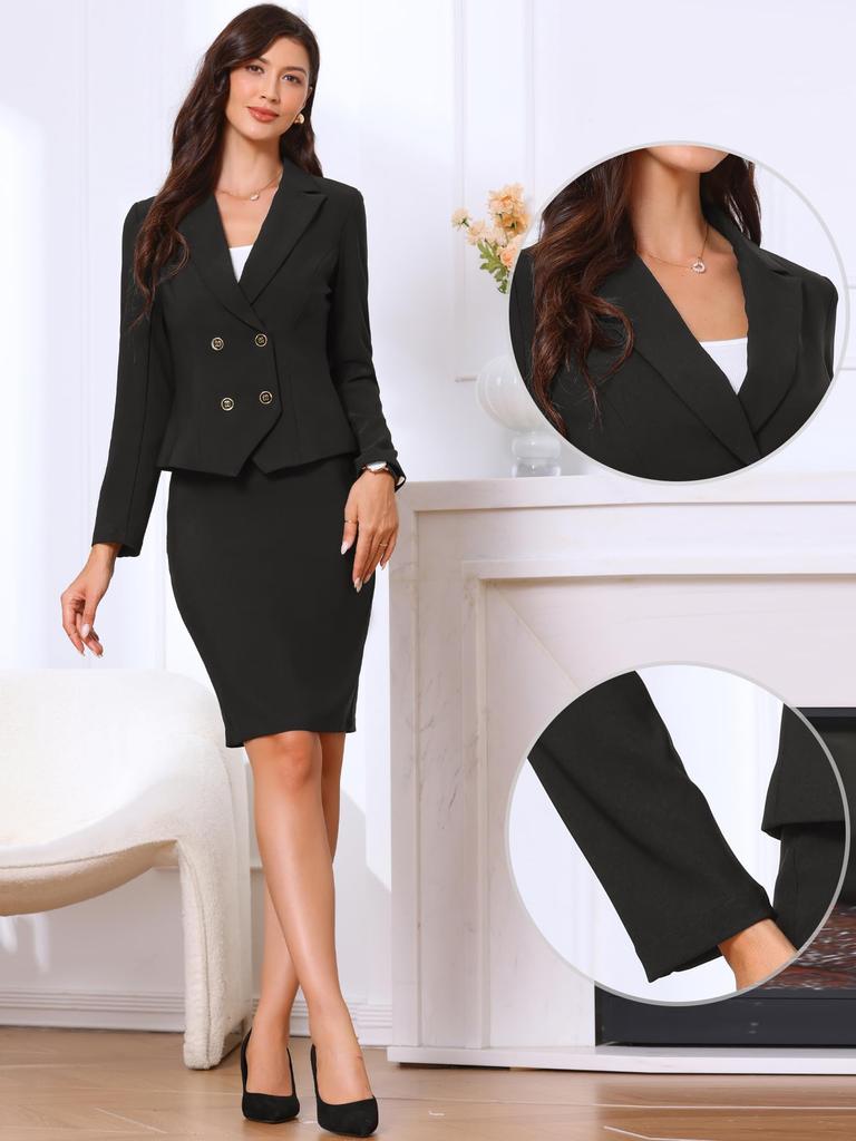 Allegra K Damski Biznesowy Garnitur Dwuczęściowy: Długi Rękaw, Jednolity Kolor, Kurtka i Spódnica, Lekki, Klapy Szalowe, Formalny, Biurowy, Czarny, Rozmiar M