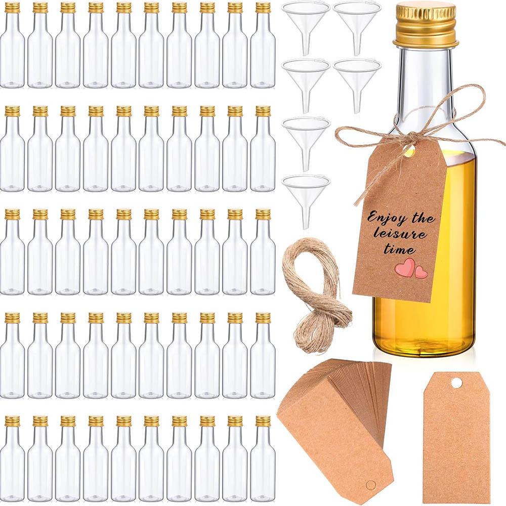 1.7oz Plastic Spirit Bottles Mini Liquor Bottles Set, Mini Plastic Alcohol Shot Bottles with Caps, Funnels, Kraft Tags for Party