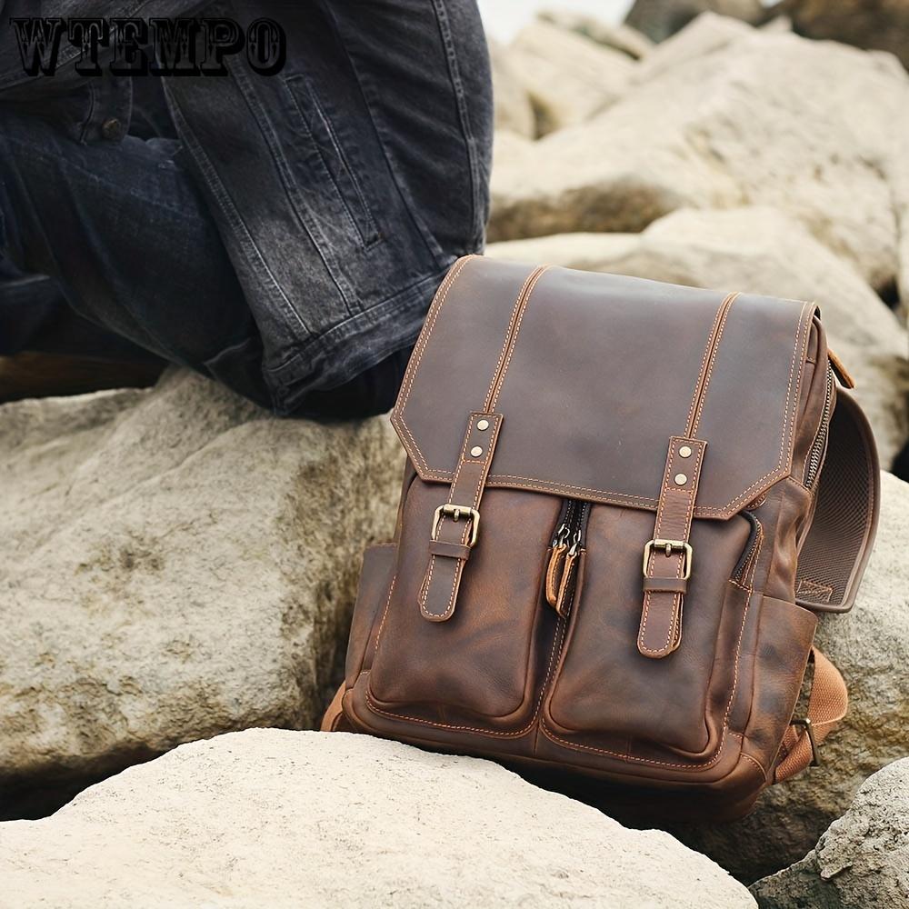 Vintage-Style Genuine Leather Backpack - Large Capacity, Adjustable Straps for Travel & Laptop Storage, Deep Brown